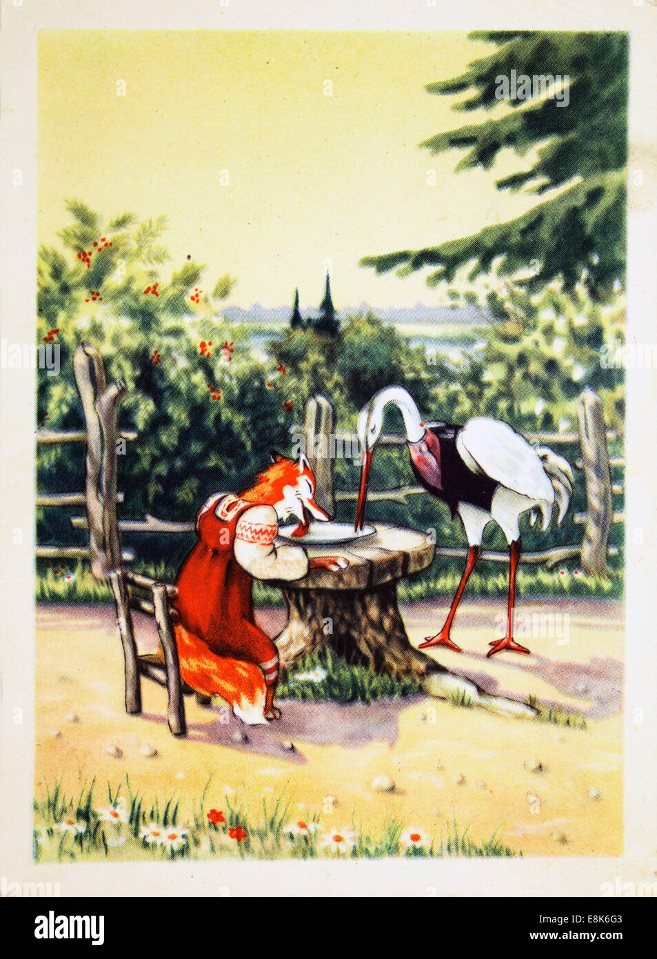 2. Dezember 2009 - zeigt Reproduktion von antiken Postkarte Illustration für russische Volksmärchen '' The Fox und der Kran '', ca. 1955, USSR. (Kredit-Bild: © Igor Golovniov/ZUMA Wire/ZUMAPRESS.com) Stockfoto