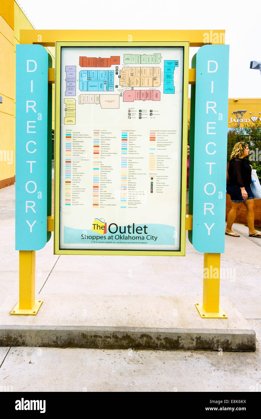 Ein Outlet Mall Verzeichnis bei The Outlet Shoppes in Oklahoma City, eine Factory Outlet Mall. Oklahoma City, Oklahoma, USA. Stockfoto