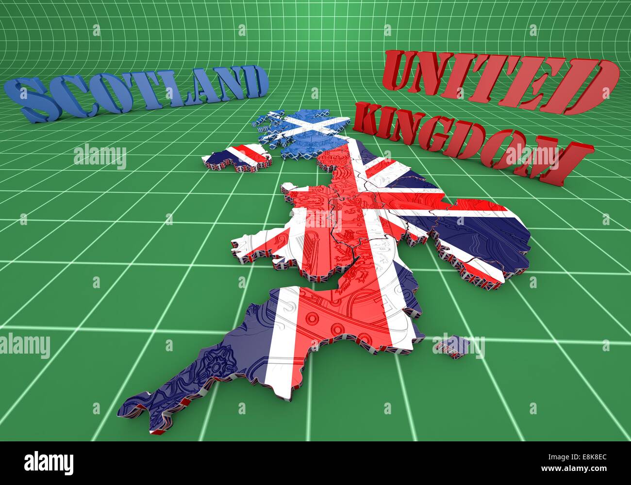 3D Karte Abbildung von Schottland und England mit Flagge Stockfoto