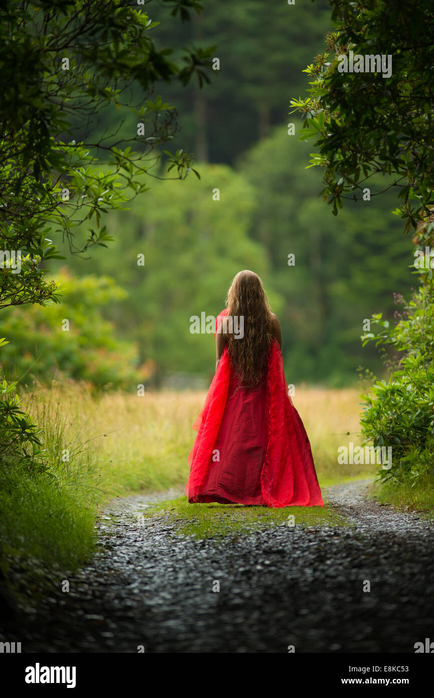 Scharlachrote Frau: hintere Ansicht Rückseite ein Mädchen trägt eine blutrote Kleid Kleid stand für sich allein im Wald Landschaft Stockfoto