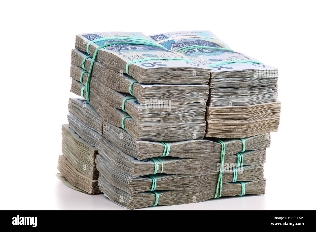 Ein Großteil der Papierstapel von polnischen Geld Banknoten auf weißem Hintergrund als Darlehen oder Schulden zu speichern Stockfoto