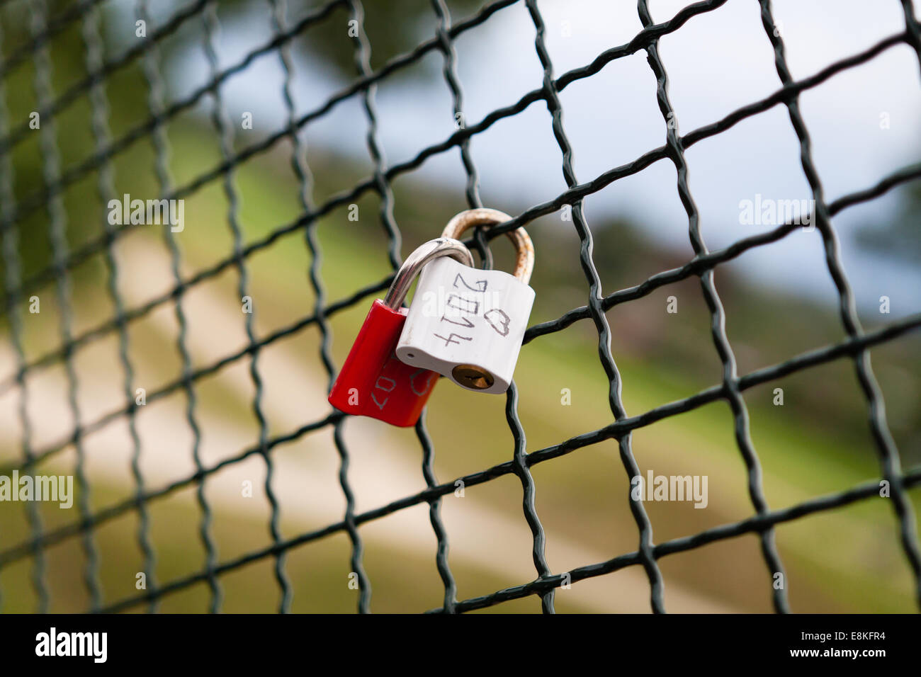 Zwei Stahl-Vorhängeschloss wie Valentinstag Liebe Symbol Brücke Zaun hängen Stockfoto