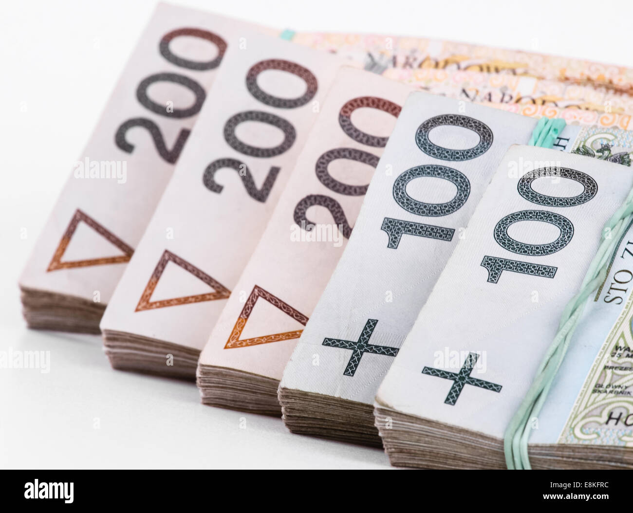 Business-Konzept der polnische Zloty Stapel Banknoten isoliert auf weißem Hintergrund Stockfoto
