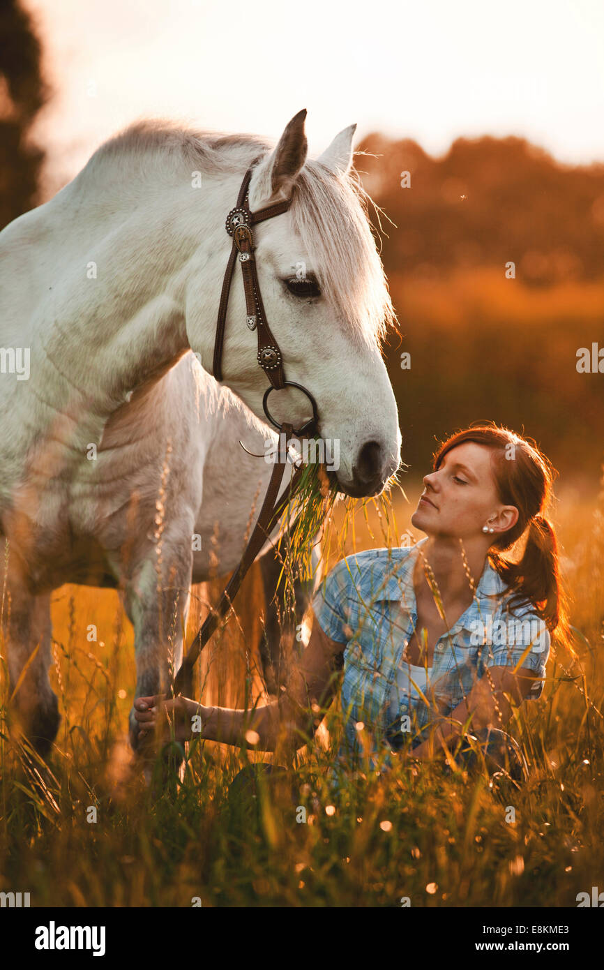 Frau mit Welsh Pony, Schimmel, Wallach, auf Wiese im Abendlicht Stockfoto