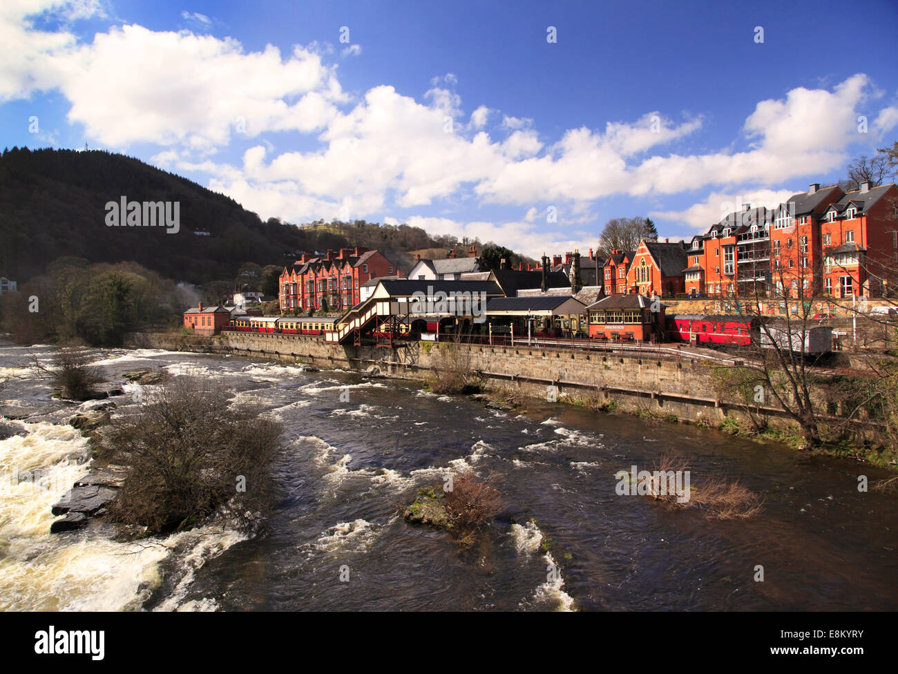 Den Fluss Dee und Llangollen Bahnhof, Llangollen, Denbighshire, Wales, Europa Stockfoto