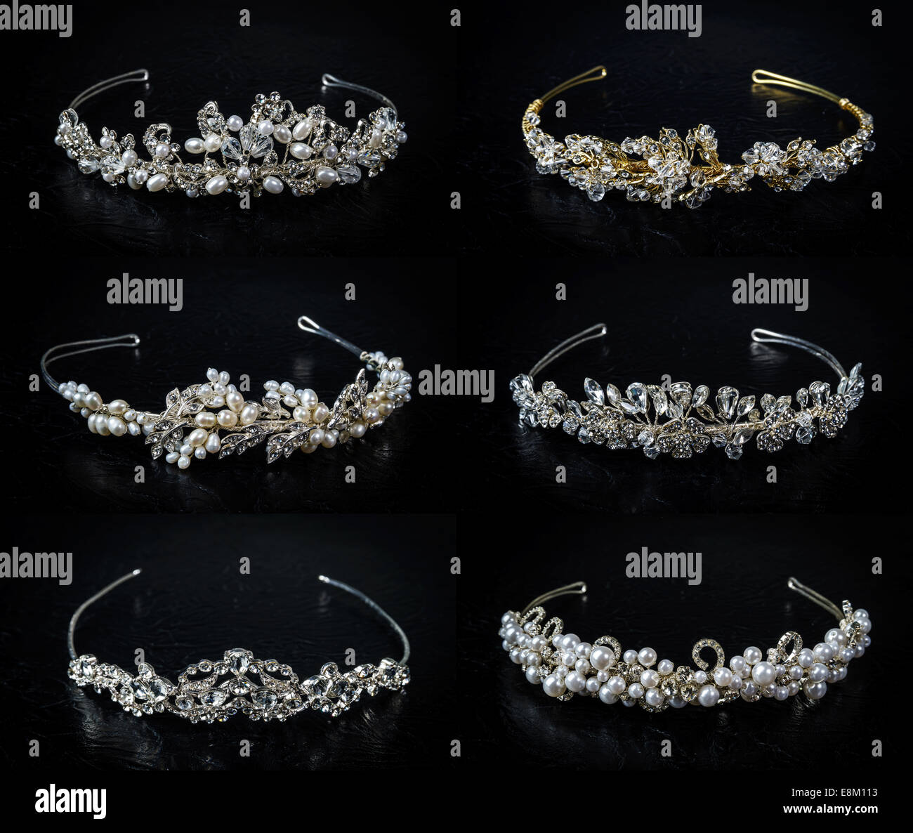Satz von sechs 6 Hochzeit Diademe auf schwarzem Hintergrund Stockfoto