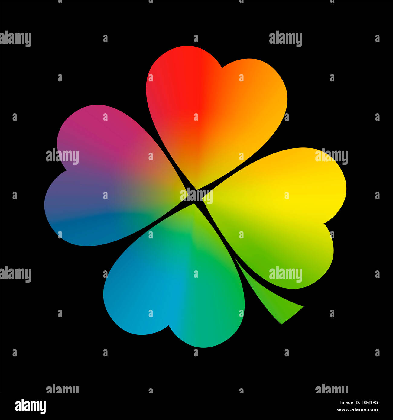 4 blättrige Kleeblatt mit kreisförmigen Regenbogen Verlaufsfarben. Stockfoto