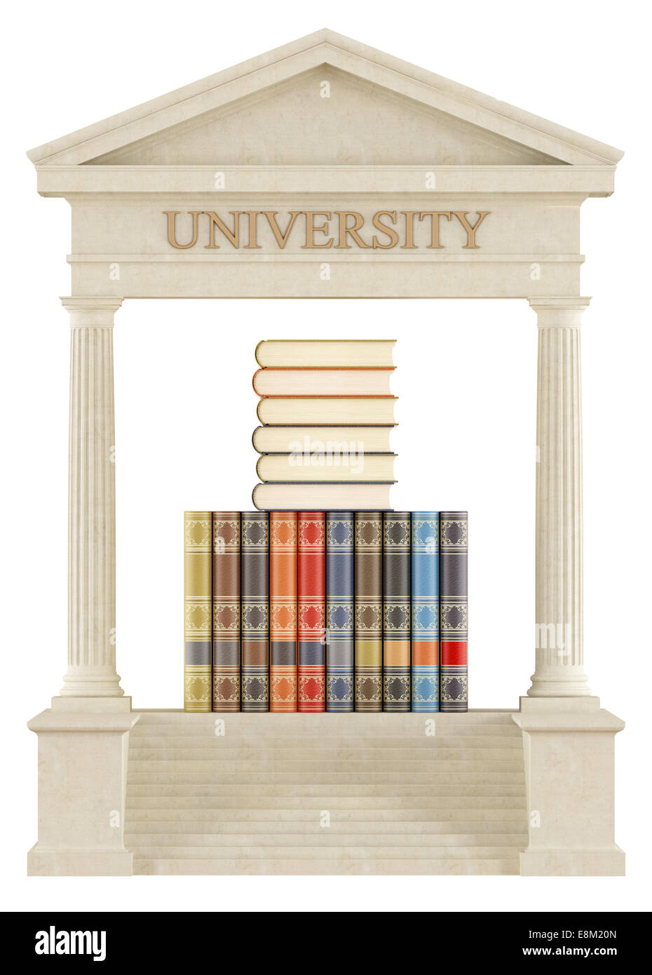 Konzept der universitären Ausbildung, Stapel von Büchern in einem griechischen Tempel Stockfoto