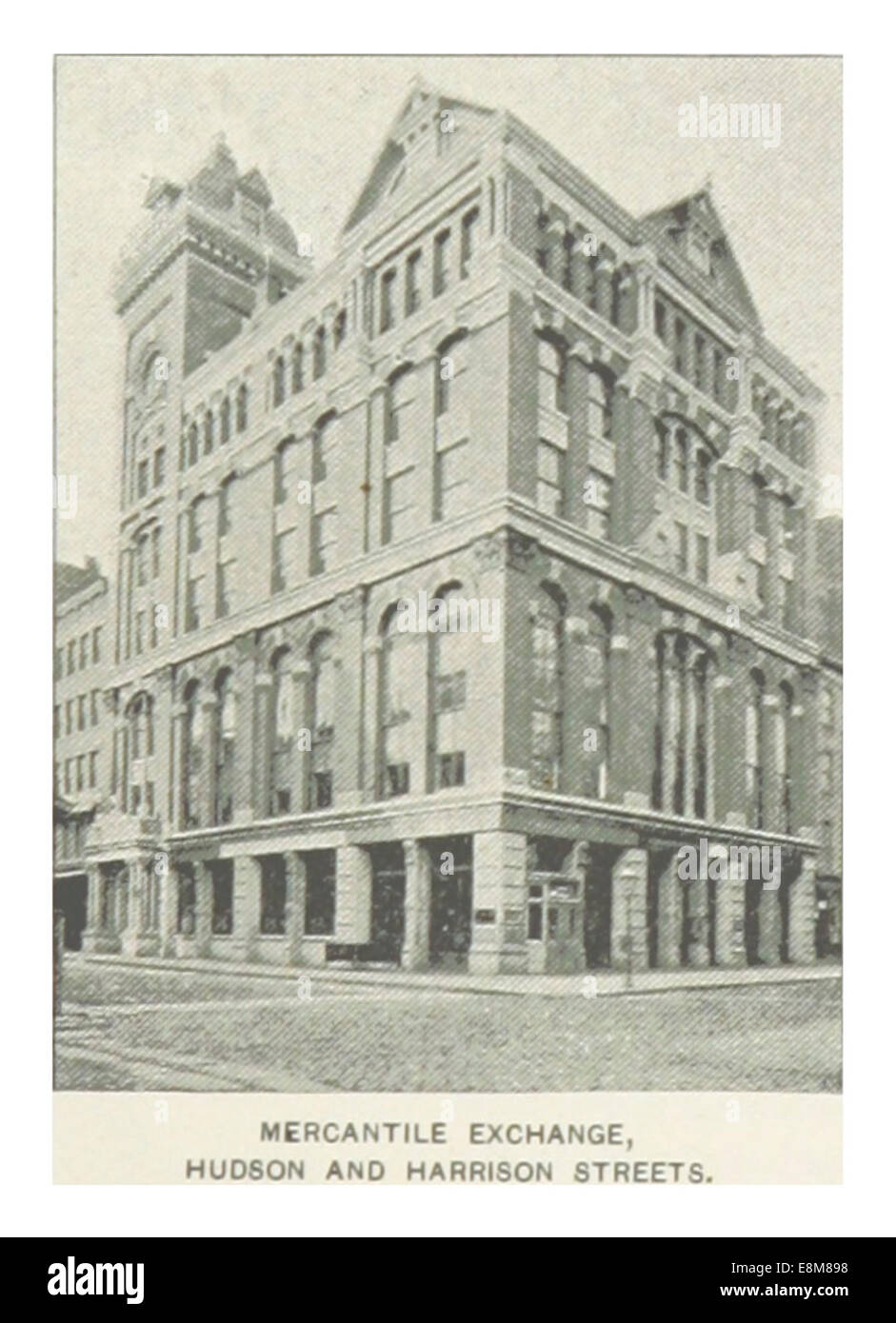 Die 1893 erschienene Publikation von King enthält eine Illustration der Mercantile Exchange in der Hudson Street und Harrison Street in New York City und zeigt ihre Rolle in der Wirtschaftsgeschichte der Stadt. Stockfoto