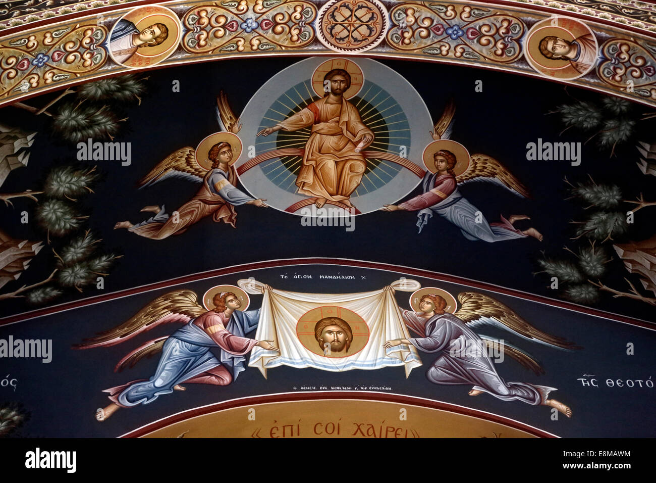 Halkidha Evia Griechenland Kirche der Heiligen Marina Fresko der Himmelfahrt Jesu Christi und der Heiligen Mandylion Stockfoto