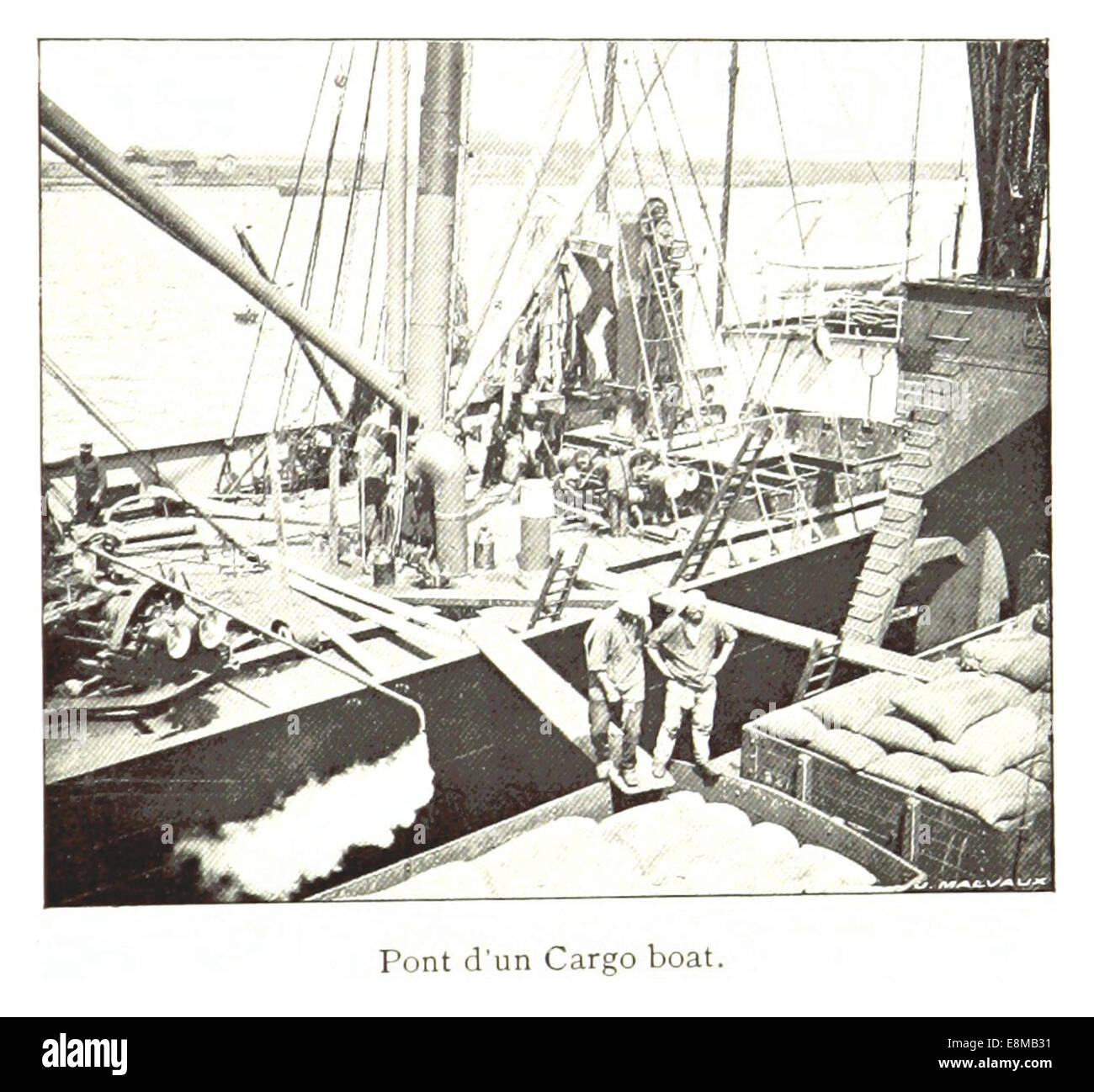 Diese Vintage-Illustration zeigt das Deck eines Frachtschiffes und zeigt die Struktur und das Design des Schiffes aus einer früheren Zeit. Die Zeichnung bietet einen Einblick in das Layout und den Bau von Frachtschiffen. Stockfoto