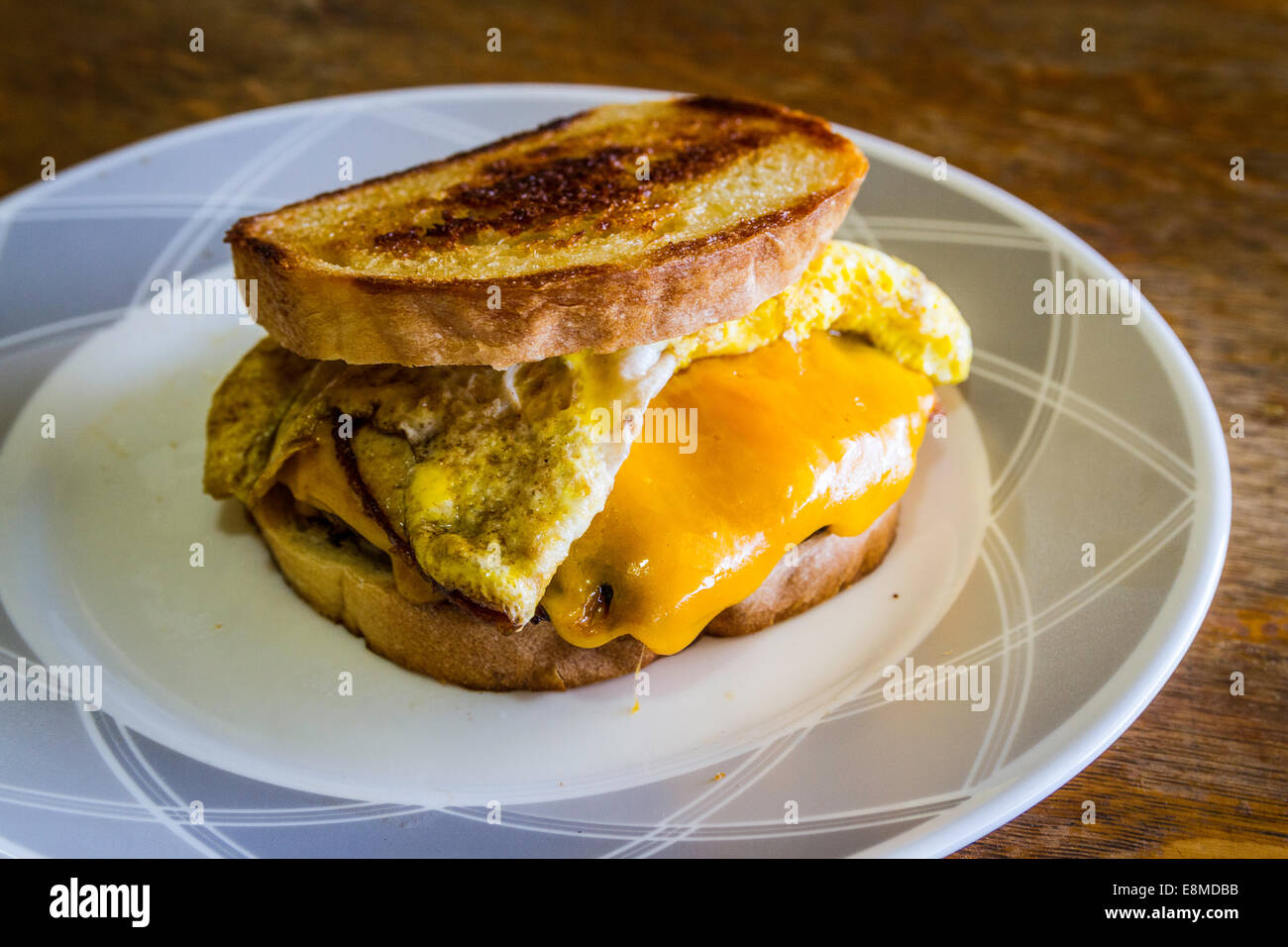 Ein hausgemachtes Frühstück Sandwich auf gegrilltem hausgemachtes Weißbrot mit einer Wurst Patty Ei und Käse Stockfoto