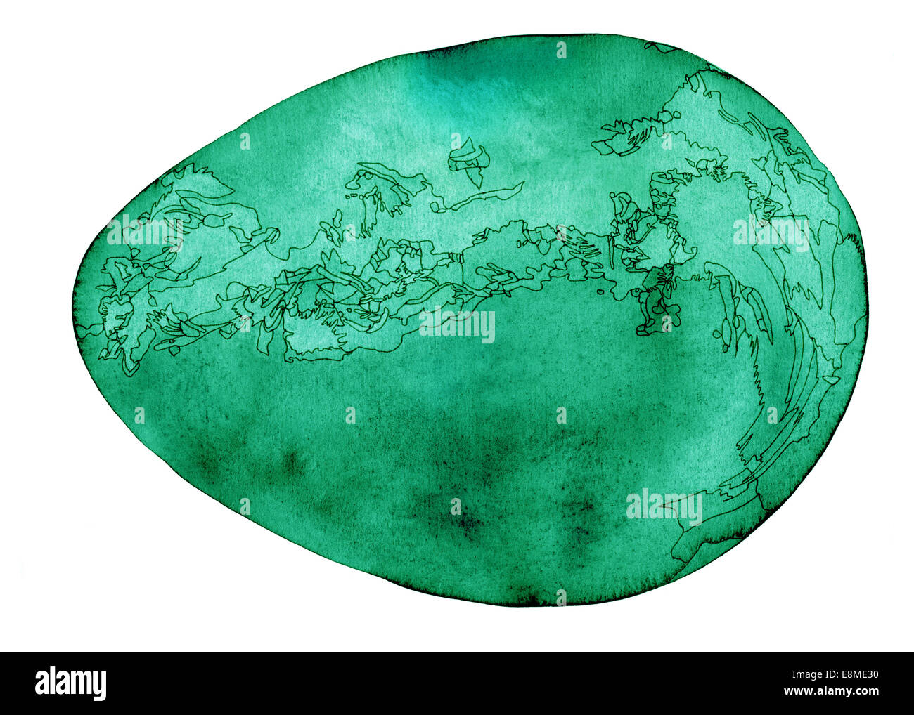 Kosmisches Ei, Smaragd grünen Aquarell Malerei mit feinen Konturen in schwarz, isoliert auf weiss Stockfoto