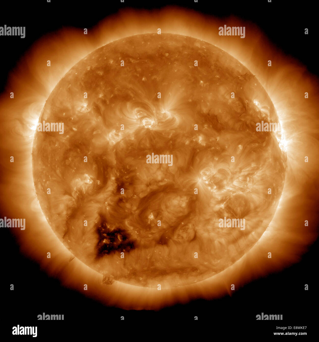 20. Januar 2013 - fängt Bild der Sonne im extremen ultravioletten Licht ein herzförmiges dunkles koronalen Loch. Koronale Löcher sind ar Stockfoto