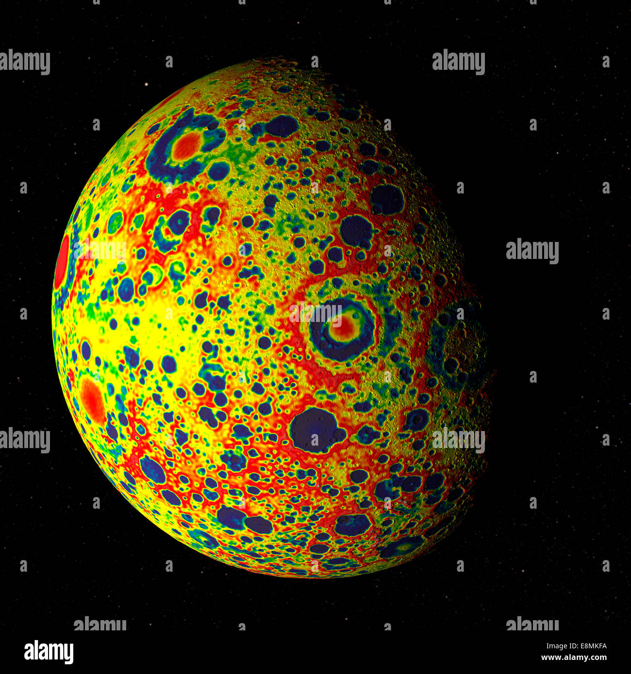 Der Gral frei empfangbaren Schwerkraft Karte des Mondes, wie es vor einem Sternenhimmel Hintergrund (die "const" schwimmt auf der Oberfläche des Mondes gerendert Stockfoto