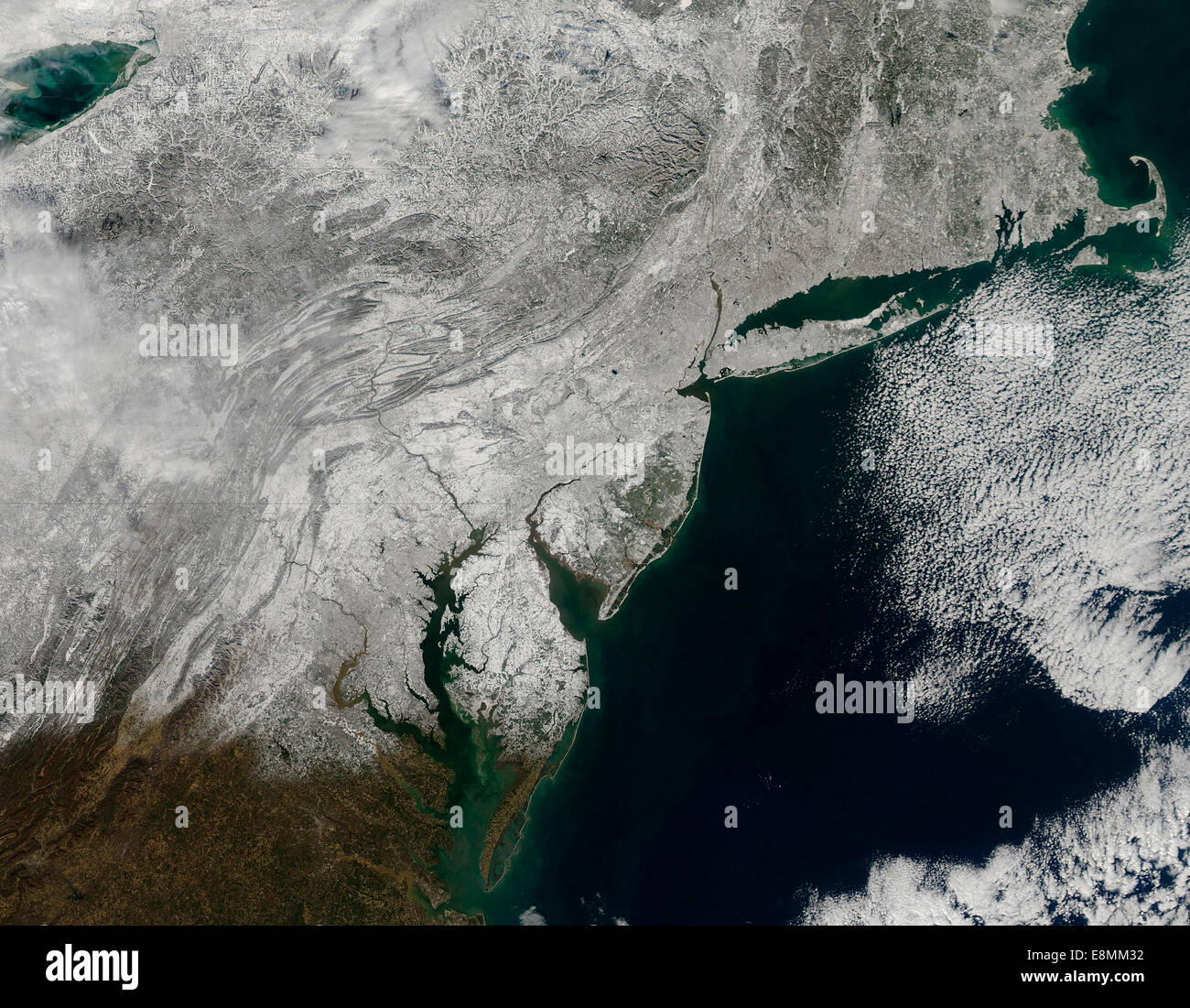 4. Januar 2014 - Satellitenansicht von Schnee in den nordöstlichen Vereinigten Staaten. Stockfoto