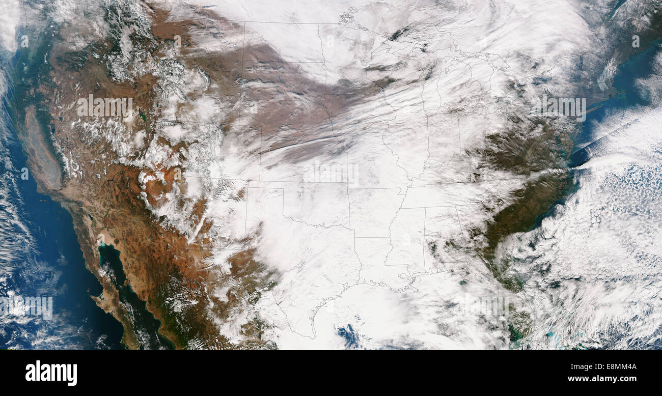 25. November 2013 - Echtfarben-Satellitenbild von den kontinentalen Vereinigten Staaten. Ein komplexer und leistungsfähiger Sturmsystem, das bewegt sich throu Stockfoto
