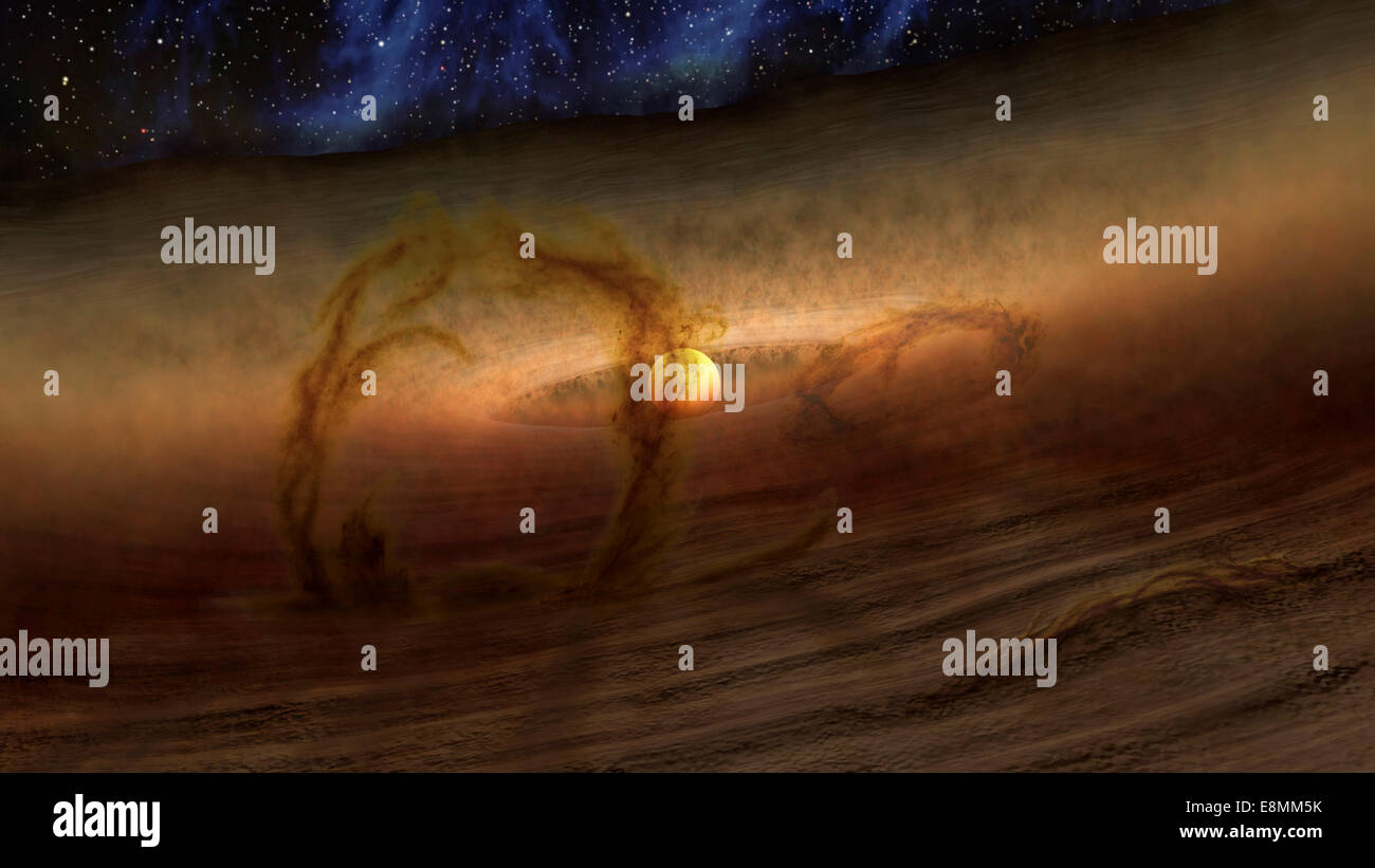 Magnetische Schleifen tragen Gas und Staub über Festplatten des Planeten bilden wesentliche kreisende Sterne, wie in der Konzeption des Künstlers gezeigt. T Stockfoto