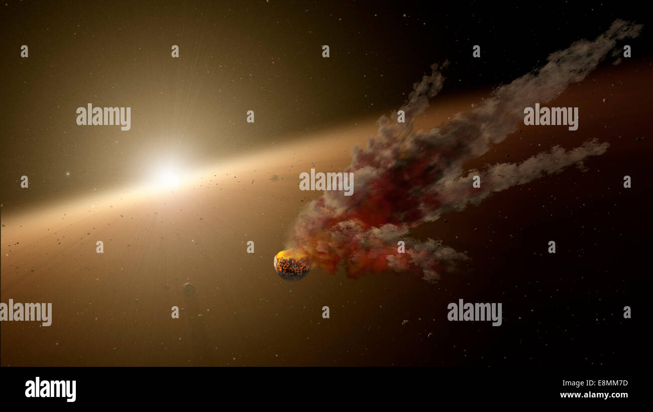 Künstlers Konzept einer großen Kollision von astronomischen Objekten. Planeten, einschließlich solcher wie unsere Erde, Form von epischen colli Stockfoto