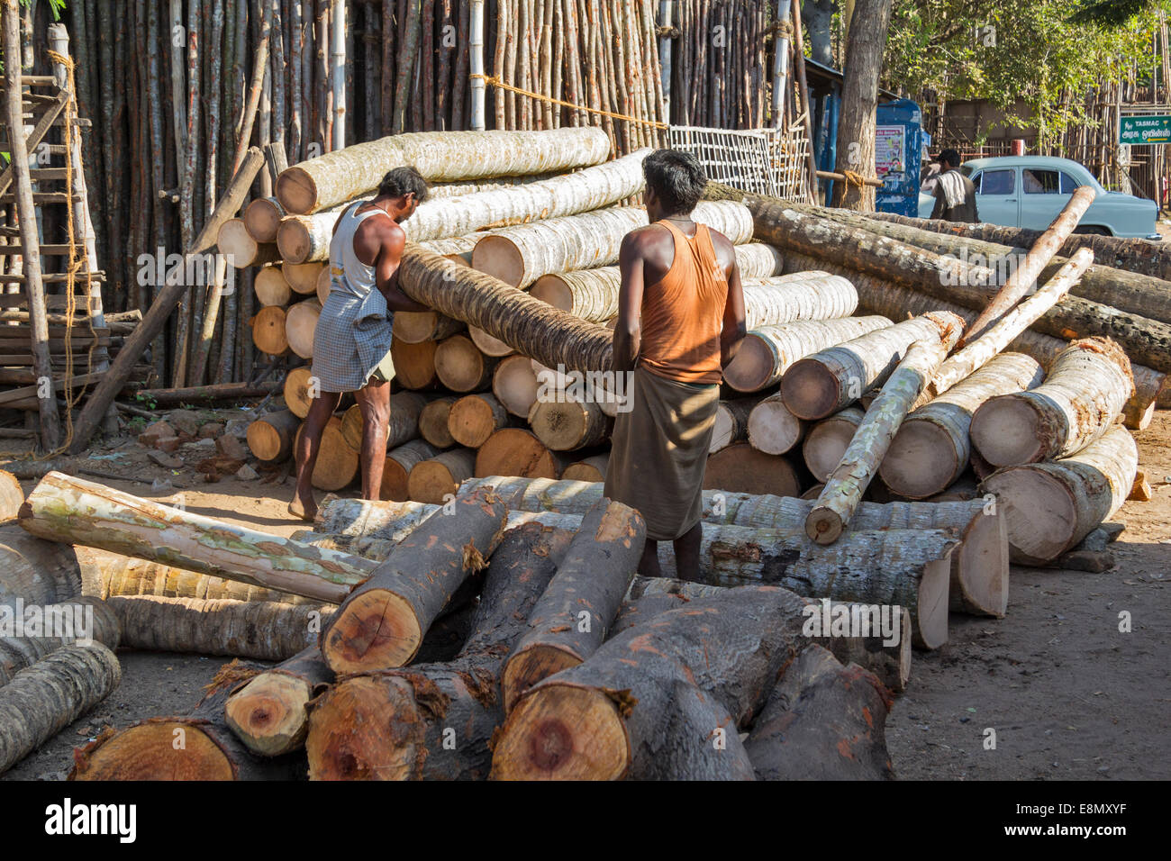 SÜDINDIEN MADURAI HOLZ ARBEITER HEBEN UND STAPELN SCHWERE BAUMSTÄMME IN EINEM HOF Stockfoto