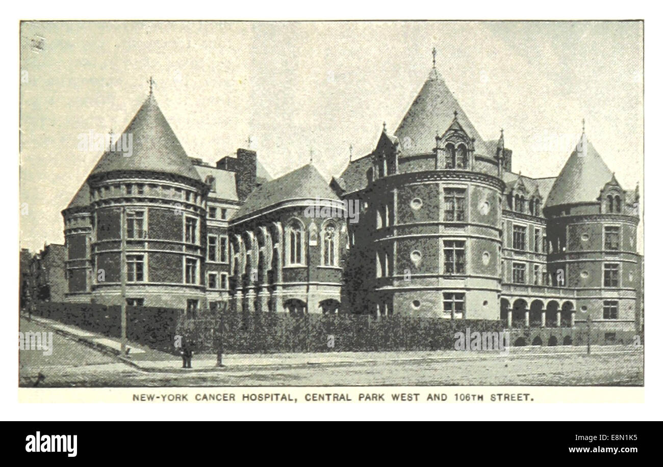 Diese Vintage-Illustration aus dem 19. Jahrhundert zeigt das New York Cancer Hospital im Central Park West und der 106th Street. Die Skizze gibt einen historischen Einblick in das Design des Gebäudes und die Umgebung in New York City. Stockfoto