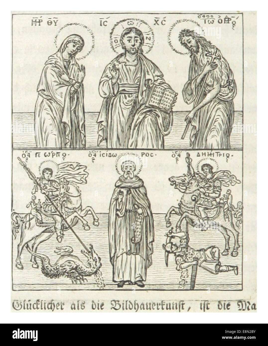 Eine Skizze aus dem 19. Jahrhundert von Bartholdy, die griechische religiöse Gemälde illustriert, insbesondere Ikonographie und sakrale Kunst dieser Zeit. Stockfoto