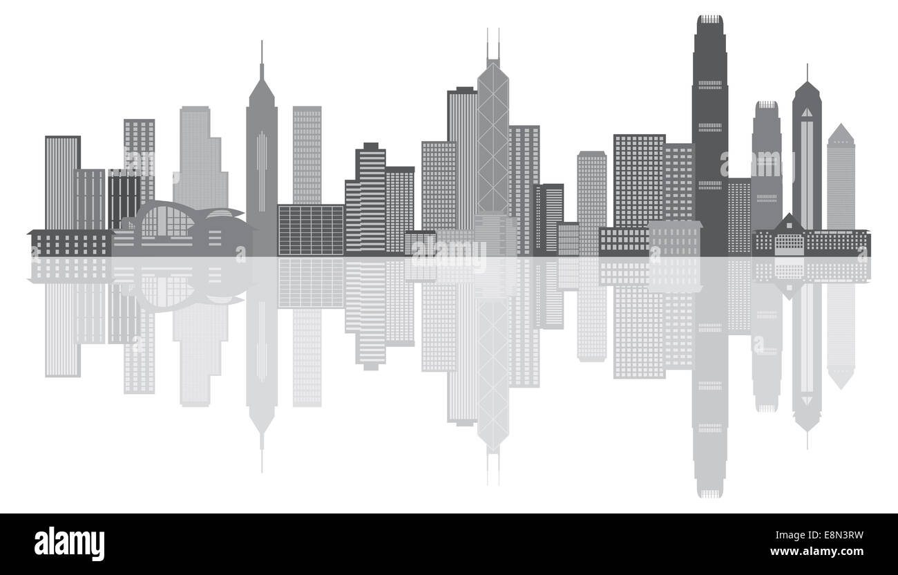 Hong Kong City Skyline Panorama Graustufen isoliert auf weißem Hintergrund Illustration Stockfoto