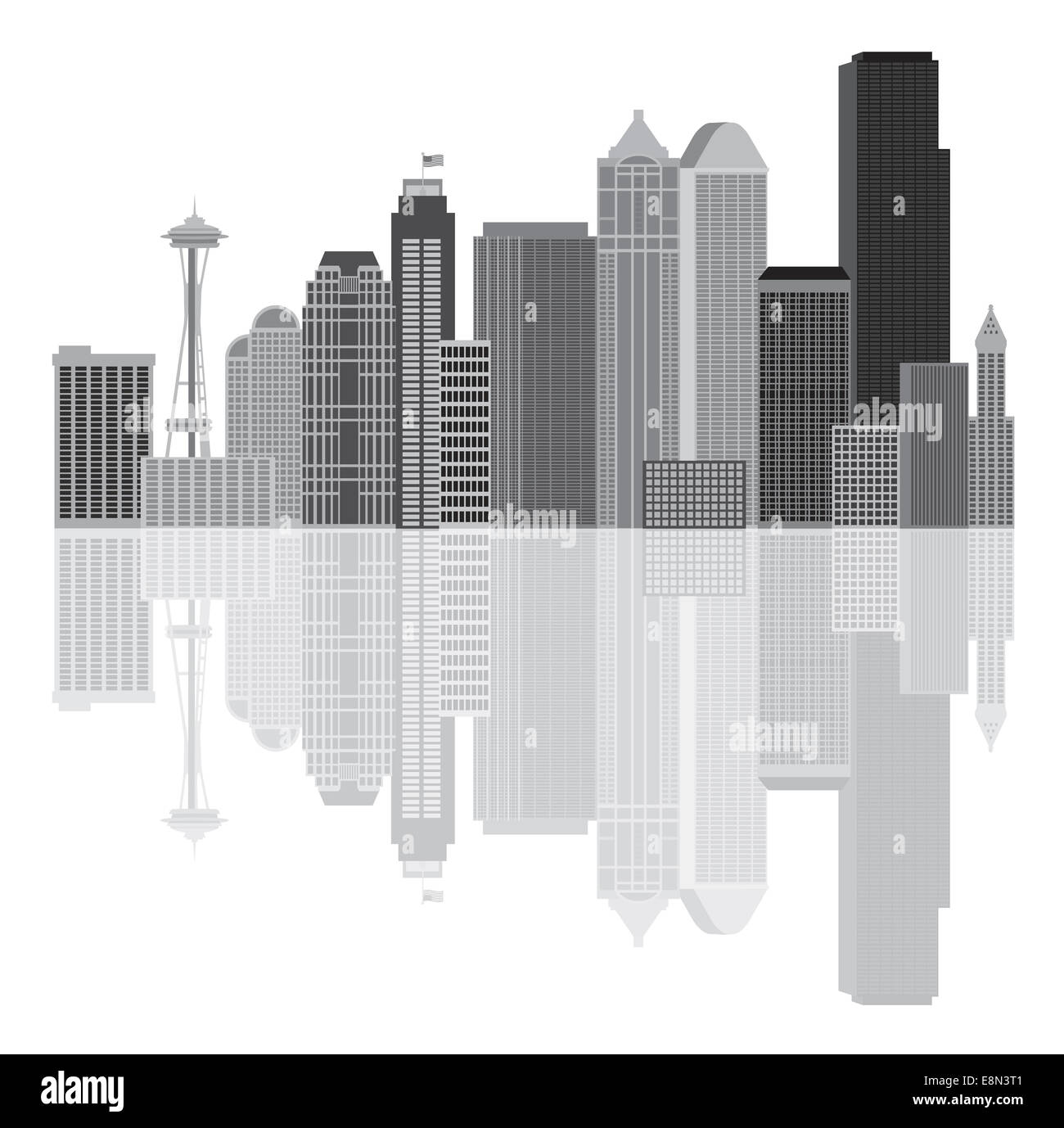 Seattle Washington Downtown City Skyline in Graustufen isoliert auf weißem Hintergrund Illustration Stockfoto