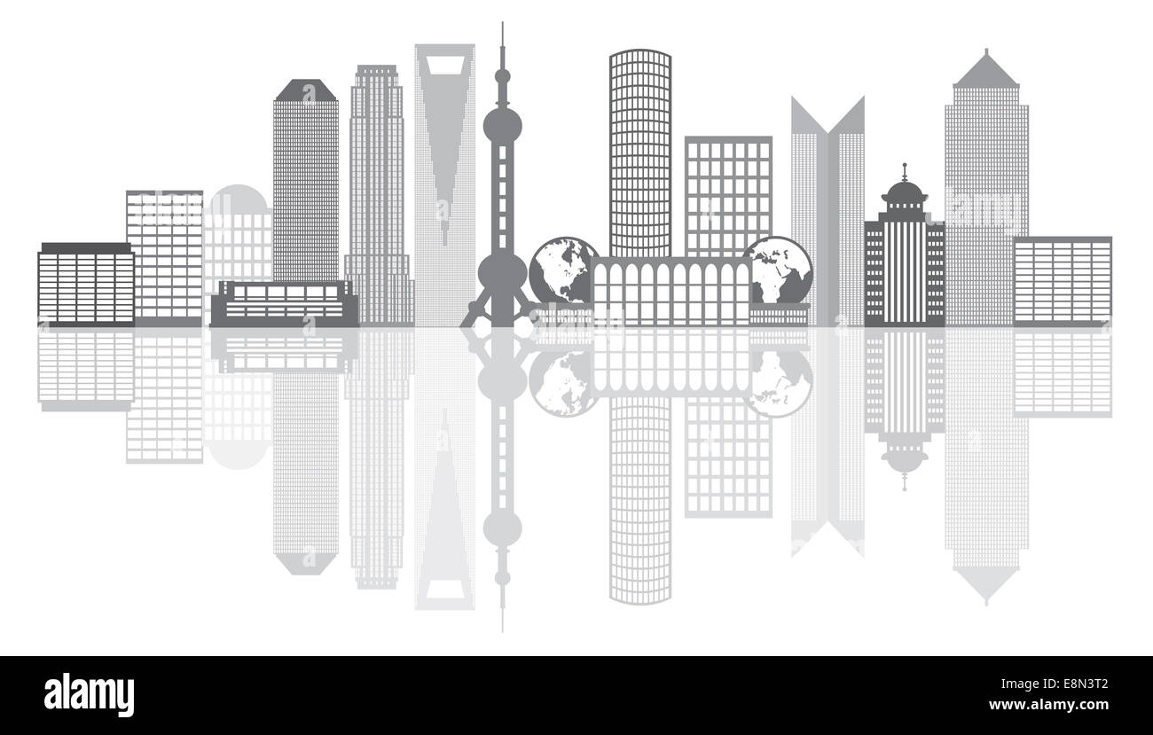 Shanghai China City Skyline Umriss Silhouette Graustufen mit Reflexion isoliert auf weißem Hintergrund Illustration Stockfoto