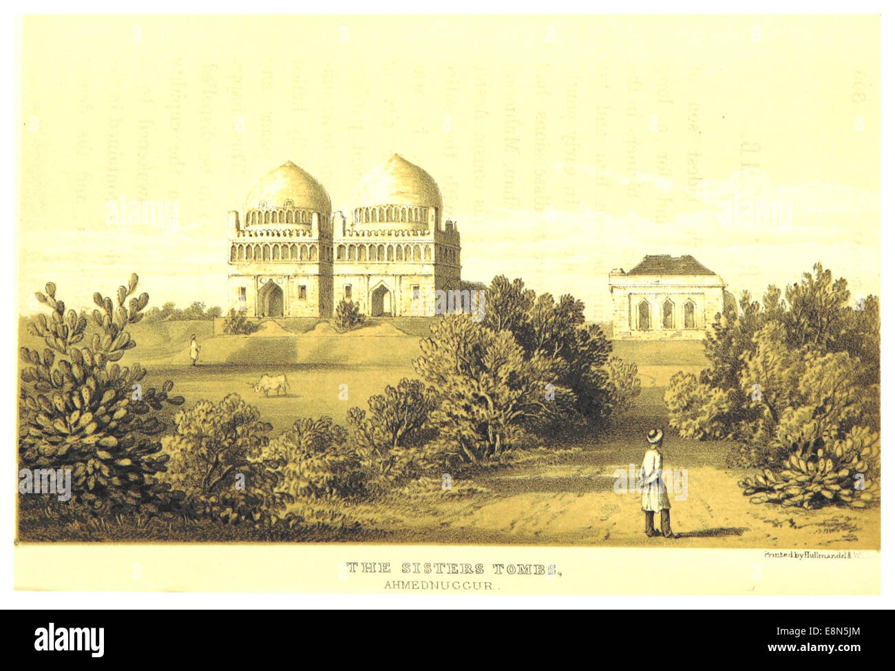 Eine Illustration von Gray aus dem Jahr 1852 von den Schwestern in Ahmednuggur, Indien. Das Bild bietet eine detaillierte Ansicht dieser historischen Strukturen, die für die Mogul-Architektur und das Kulturerbe der Region von Bedeutung waren. Stockfoto