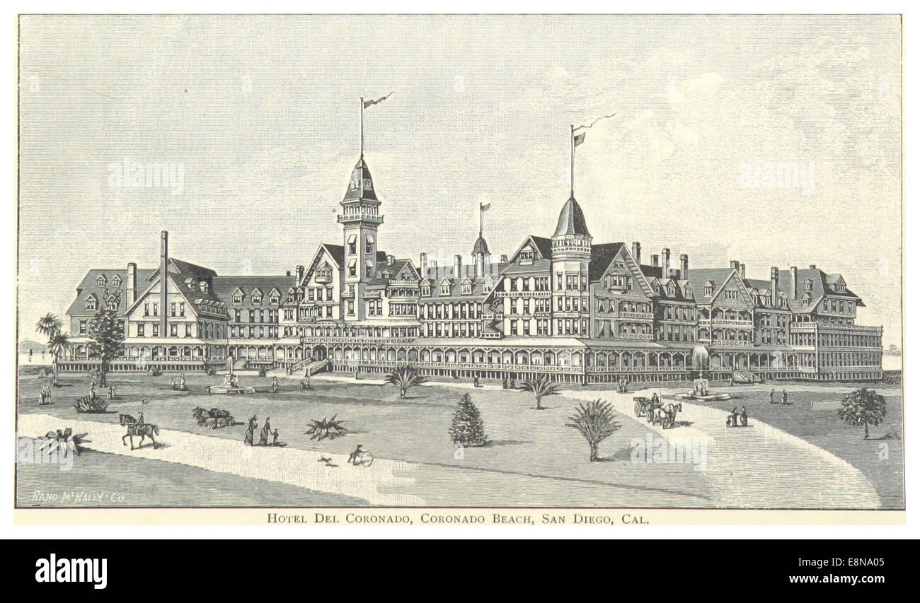 Diese Illustration von Vandyke aus dem Jahr 1885 zeigt das Hotel Del Coronado am Coronado Beach in San Diego. Ein prominentes Luxusresort, wurde es Ende des 19. Jahrhunderts für seine viktorianische Architektur und seine Lage am Meer berühmt. Stockfoto