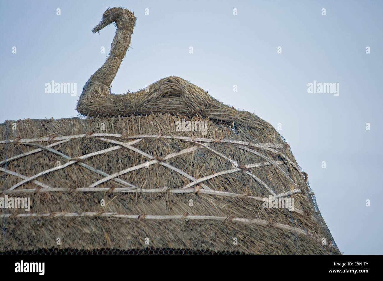 Swan hergestellt aus Stroh auf dem Dach des R.S.P.B. Visitor Center am Radipole See Naturschutzgebiet, Weymouth, Dorset. Stockfoto