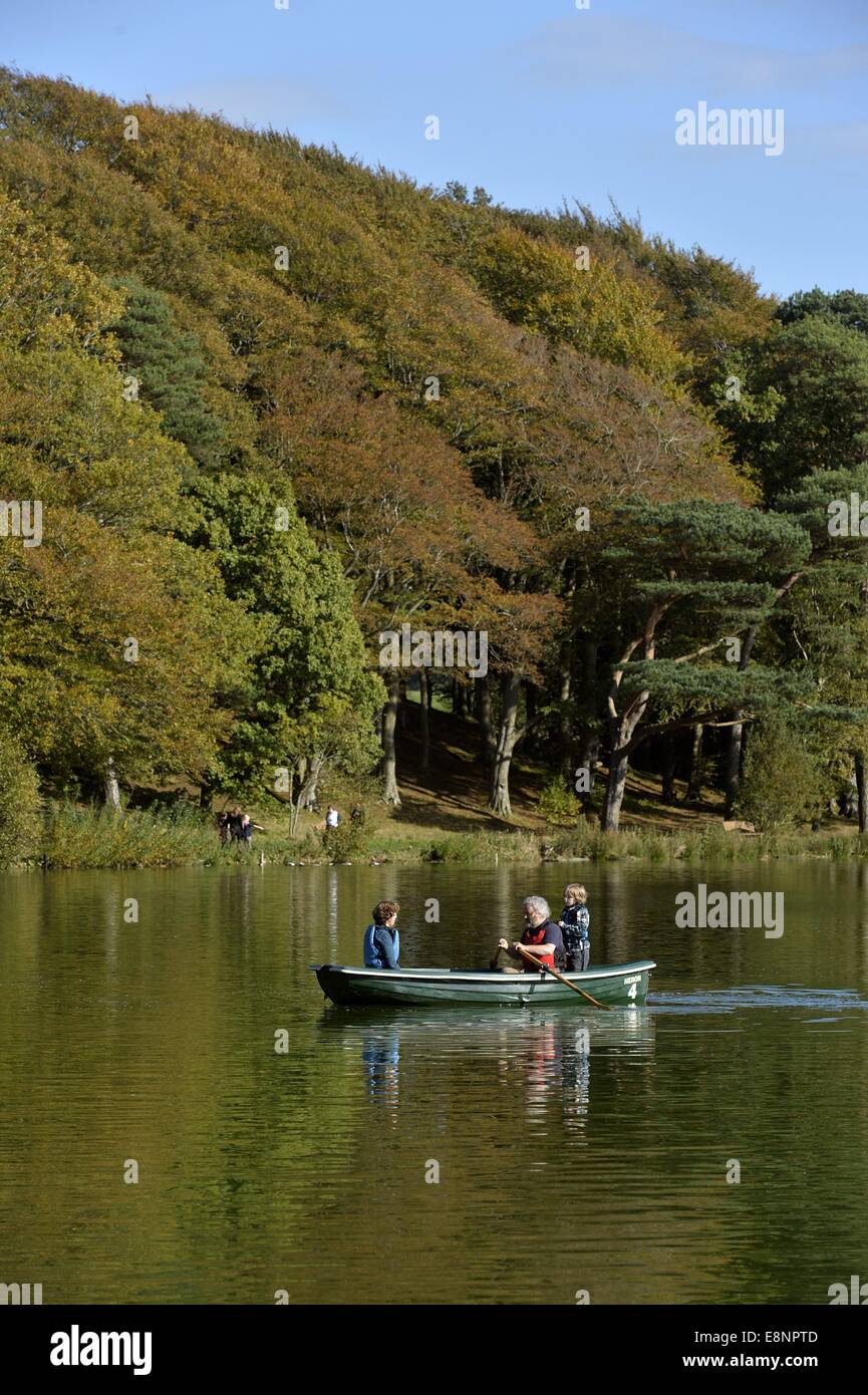 Cumbria, UK. Ruderer zu ergreifen, um das Wasser auf Talkin Tarn in der Nähe von Carlisle, Cumbria Herbst sonnigen wie die Bäume um die Tarn ihre Herbstshow Farbe beginnen: 12. Oktober 2014. Bildnachweis: STUART WALKER/Alamy Live-Nachrichten Stockfoto