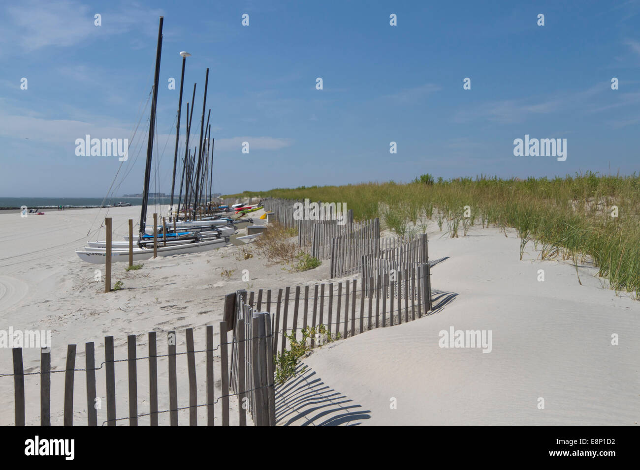 Eine Reihe von bunten Katamarane untätig in den Sand an einem sonnigen Strand Stockfoto