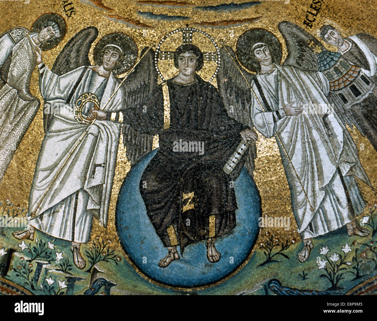 Christ in der Majestät zwischen St. Vitale und der Bischof Ecclesius. Mosaik. Apsis von St. Vitale. Ravenna. Italien. Stockfoto