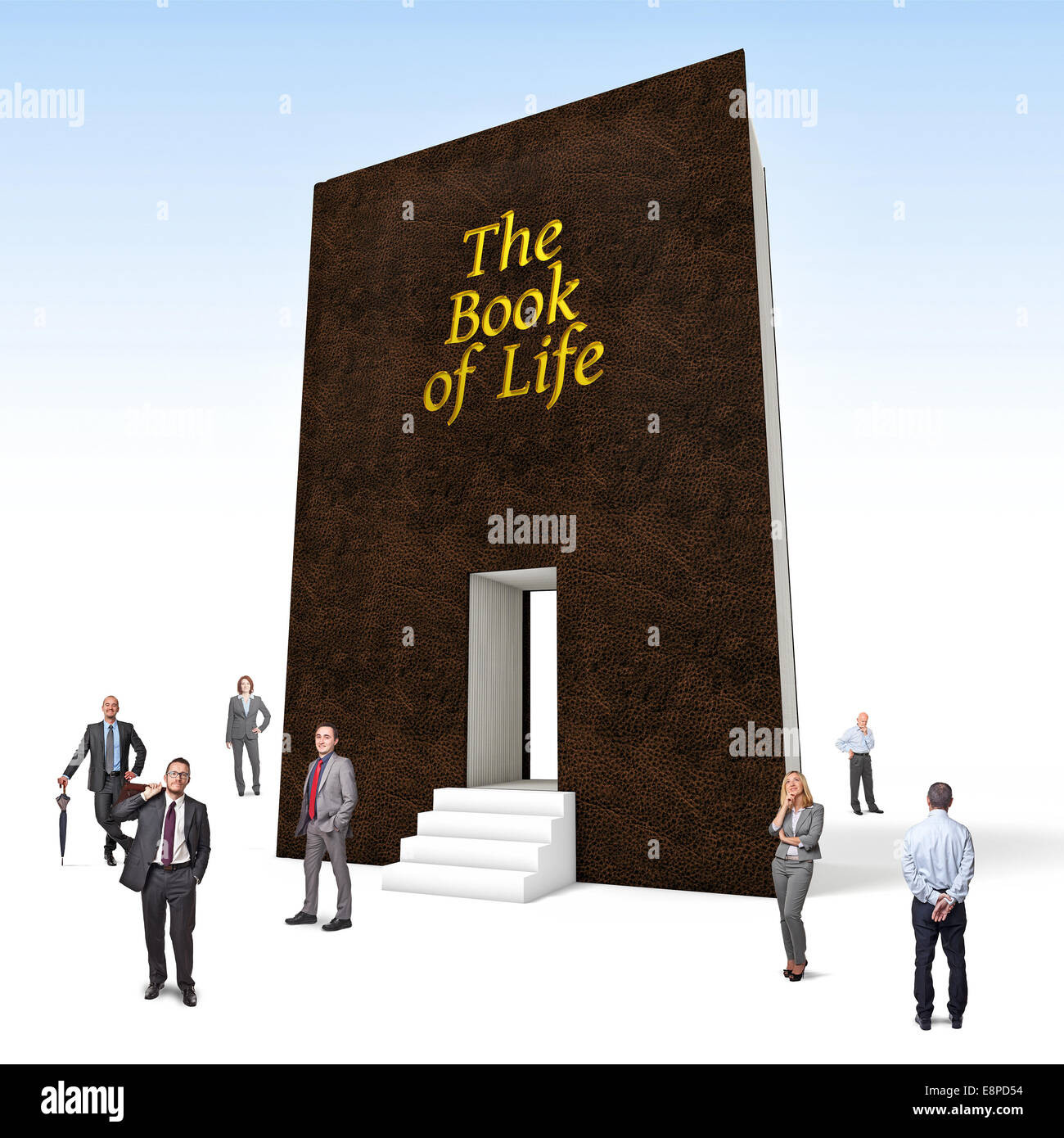 Geschäftsleute und riesigen 3d Buch des Lebens Stockfoto