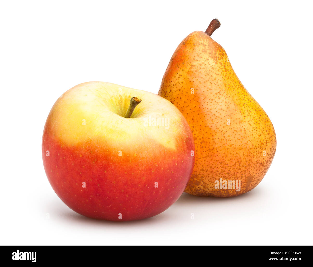 Apfel und Birne, isoliert Stockfoto