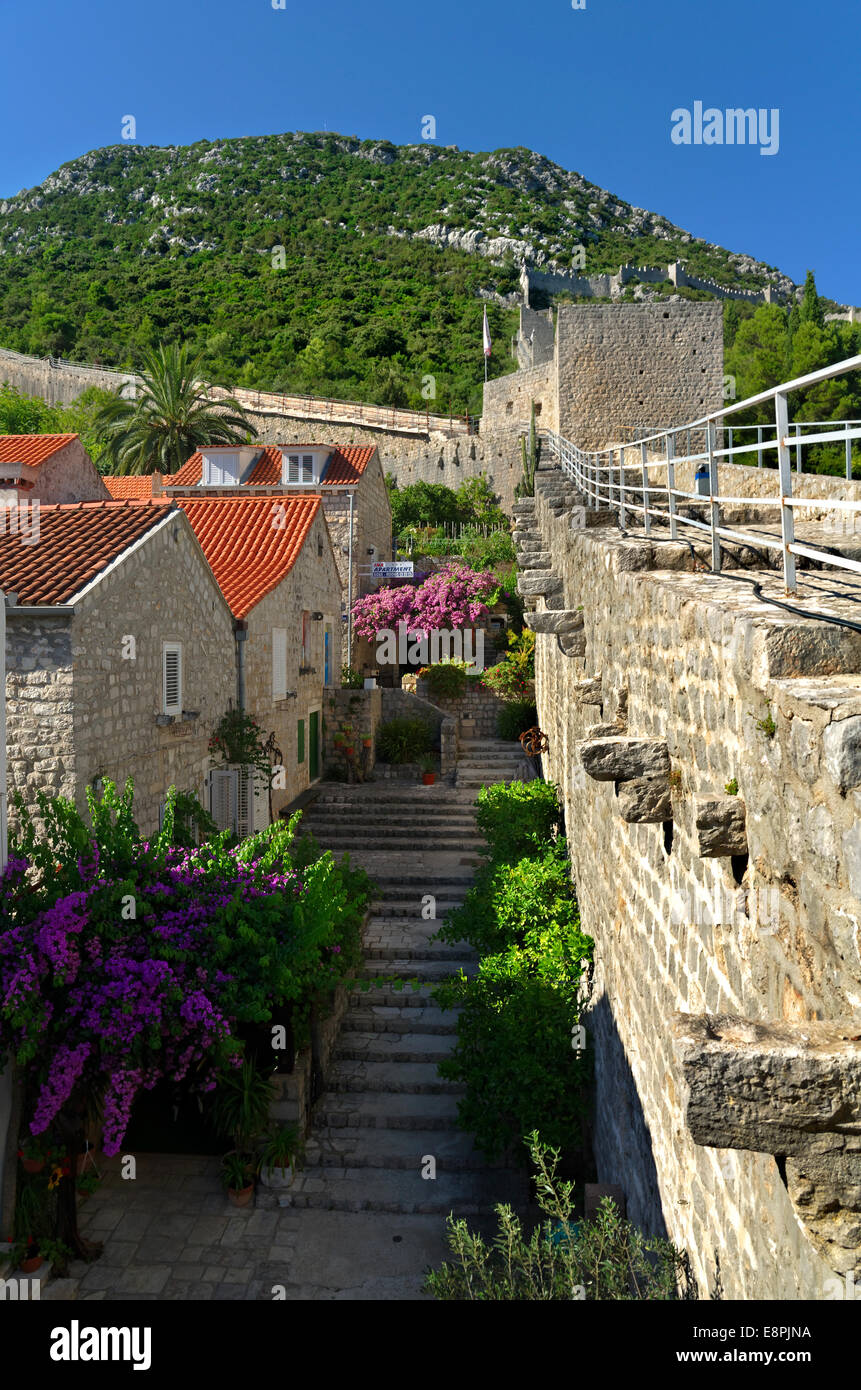Stadtmauer von Ston, Kroatien. Jährliche Marathon-Stil auf der Stadtmauer im September laufen. Stockfoto