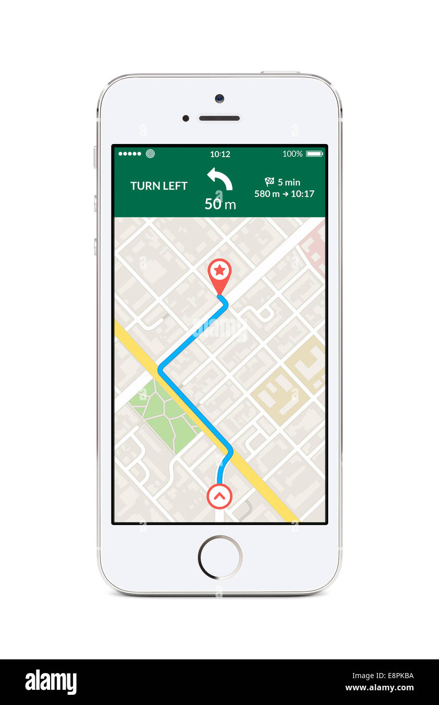 Direkt Vorderansicht des weißen Smartphone mit Gps-Navigations-app mit geplanten Route Karte auf dem Bildschirm zu isoliert auf weißem Zeitmessung Stockfoto