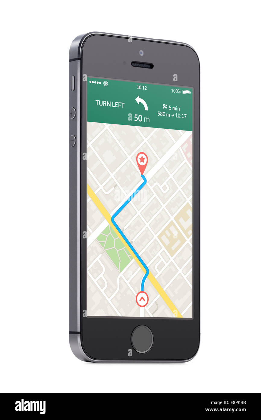 Bottom-up-Sicht auf gedreht auf einen leichten Winkel schwarz moderne mobile Smartphone mit Karte GPS-Navigations-app mit geplanten Route auf th Stockfoto