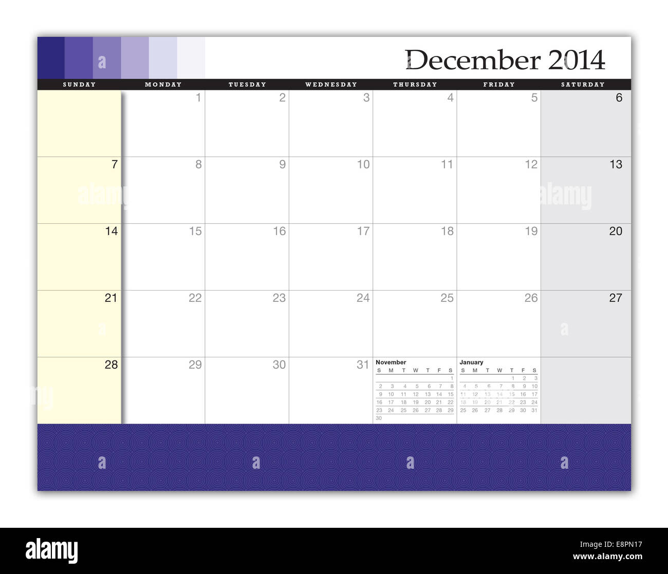 3D-Rendering einer Dezember 2014 Kalender. Design und Struktur entstand durch den Künstler für dieses Bild. Stockfoto