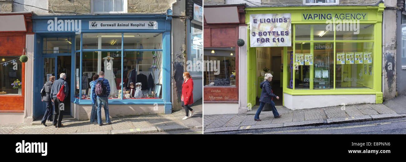 Zwei Bilder zeigen den Wandel von einem britischen High Street. Ein Charity-Shop wird durch eine Vaping Agnecy in Falmouth, England ersetzt. Stockfoto