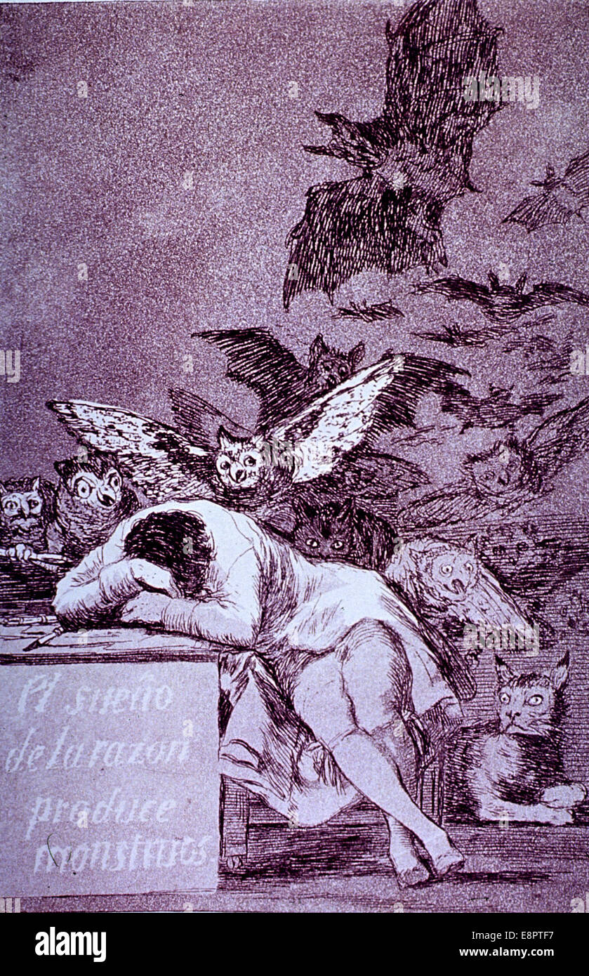 Erstellt von: Francisco Goya Physical Beschreibung: 1 print: Ätzen; 19 x 13 cm.    Bildbeschreibung: Ein Mann sitzt mit h Stockfoto