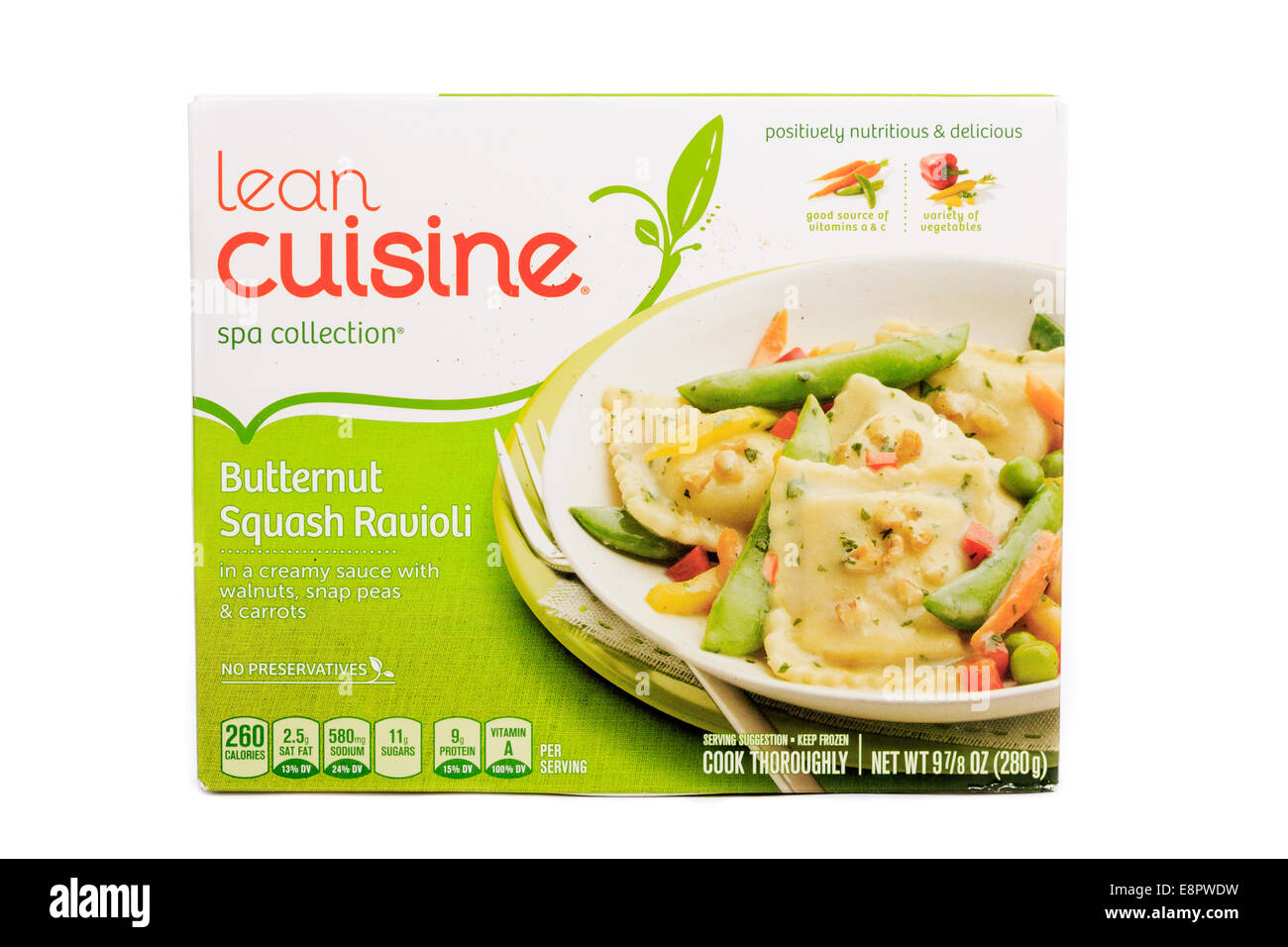 Lean Cuisine Spa Collection Butternut-Kürbis Ravioli bereit Mahlzeit zubereitet von eingefroren. Stockfoto