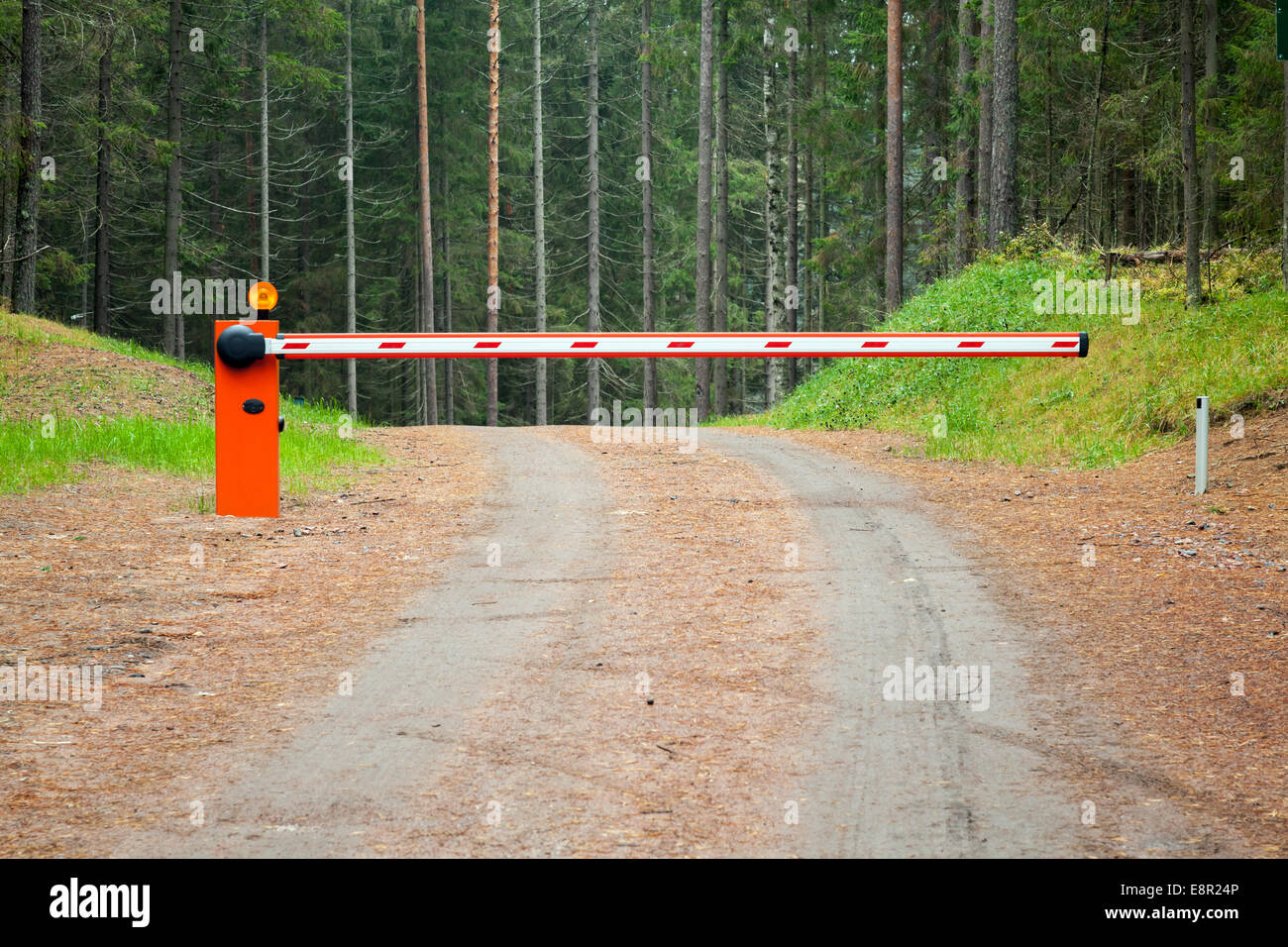 Landstraße in den Wald mit geschlossenen rot weiße Barriere Stockfoto