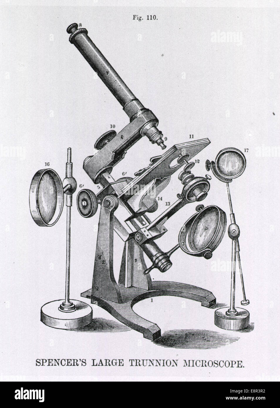Dieser von John King geschaffene Gravur ist 1859 in seinem Buch The Microscopist's Companion zu sehen. Die Abbildung zeigt ein Mikroskop zusammen mit zusätzlichen Geräten, die einen Einblick in die Werkzeuge geben, die in der Mikroskopie des 19. Jahrhunderts verwendet werden. Stockfoto