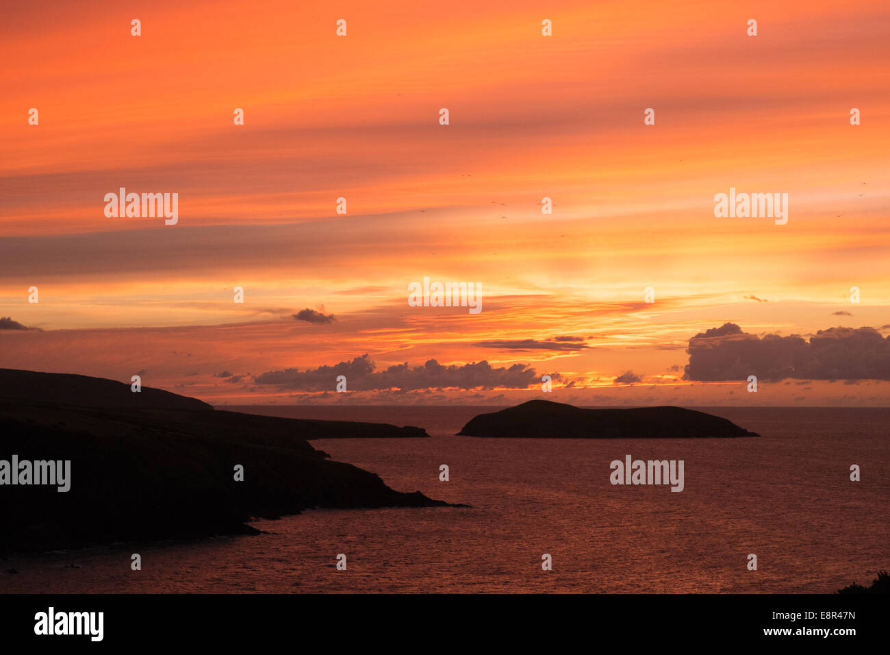 MWNT, West Wales, UK. 12. Oktober 2014.  Dramatischen Sonnenuntergang mit Insel Strickjacke Cardigan Bay und irische See. Stockfoto