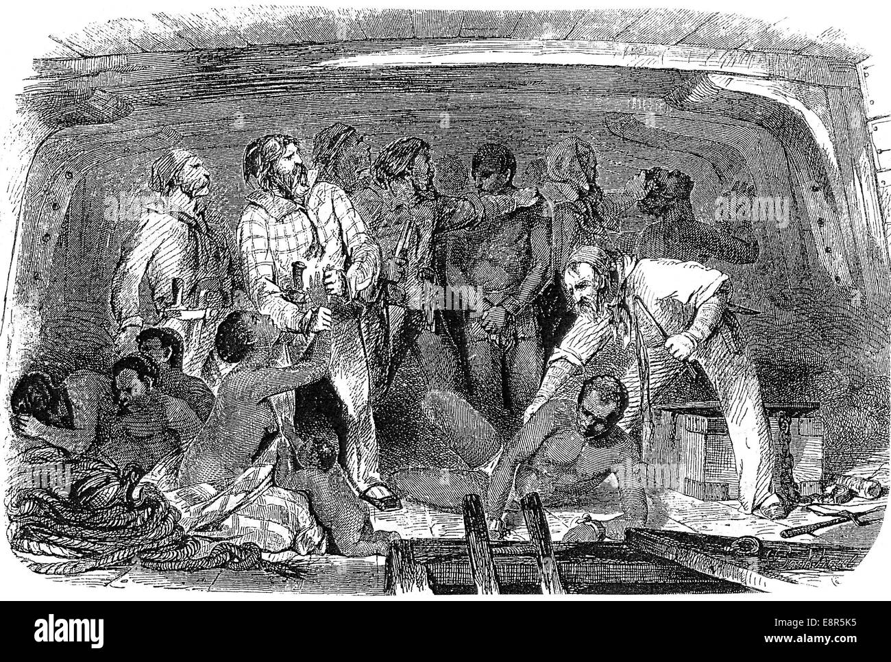 Sklaverei-Segler setzen Sklaven in einem Schiff halten ca. 1820 Stockfoto