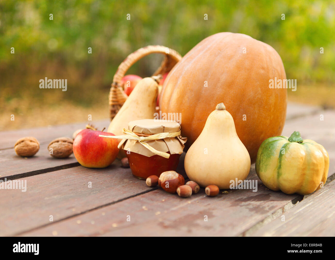 Kürbisse, Marmelade, Nüssen und Korb mit Äpfeln auf Gartentisch Stockfoto