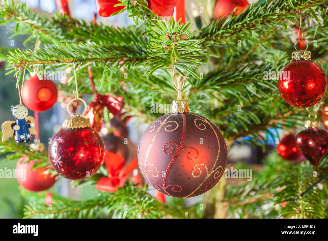 Nahaufnahme von roten Weihnachtskugeln am Weihnachtsbaum Stockfoto